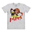 Grey T-shirt featuring Pippi Longstocking smiling with Mr. Nilsson the monkey on her shoulder and bold red “PIPPI” logo beneath.