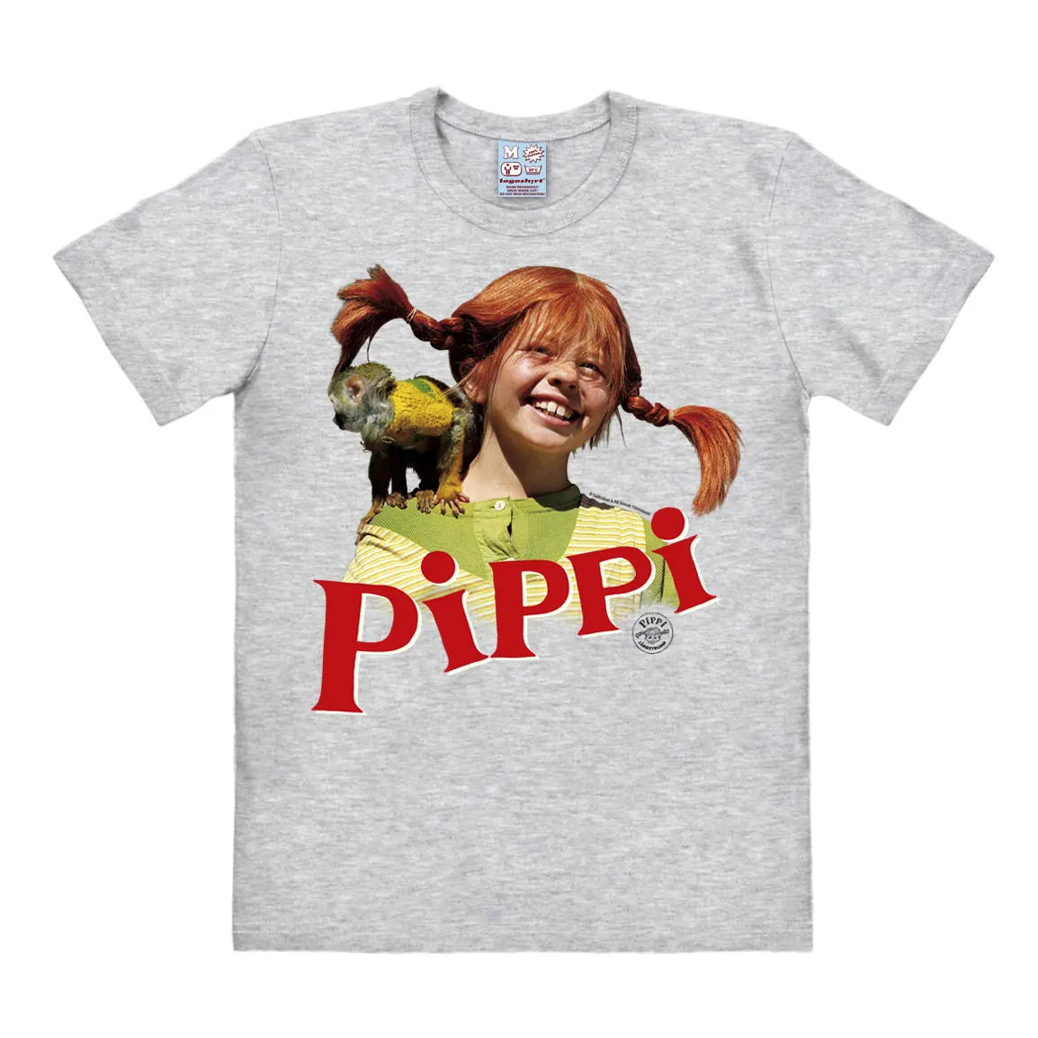 Grey T-shirt featuring Pippi Longstocking smiling with Mr. Nilsson the monkey on her shoulder and bold red “PIPPI” logo beneath.