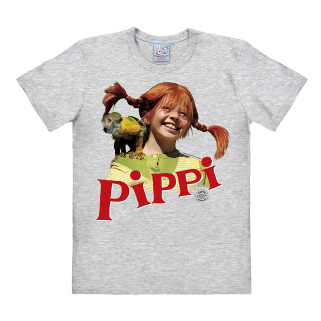 Grey T-shirt featuring Pippi Longstocking smiling with Mr. Nilsson the monkey on her shoulder and bold red “PIPPI” logo beneath.