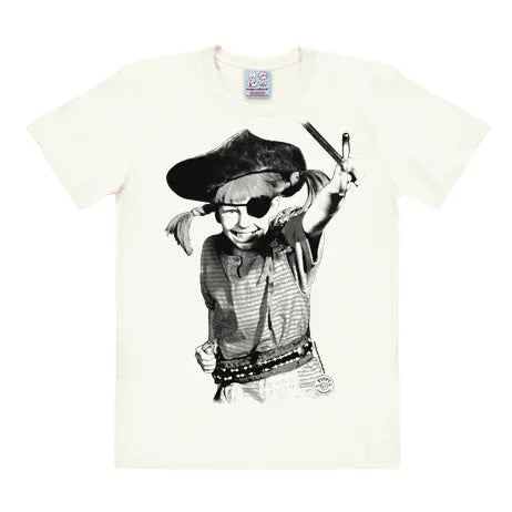 Off-white T-shirt featuring Pippi Longstocking dressed as a pirate with an eyepatch and sword in a vintage black-and-white print.