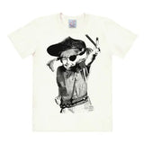Off-white T-shirt featuring Pippi Longstocking dressed as a pirate with an eyepatch and sword in a vintage black-and-white print.