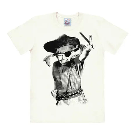 Off-white T-shirt featuring Pippi Longstocking dressed as a pirate with an eyepatch and sword in a vintage black-and-white print.