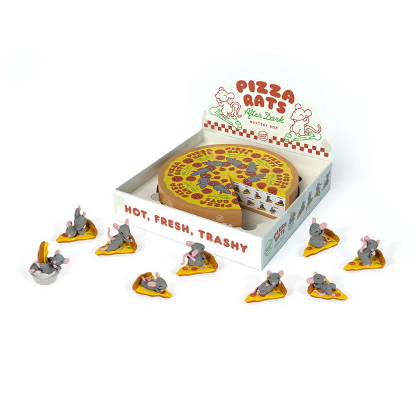 Pizza Rats After Dark blind box display with pizza box packaging and collectible rat figures