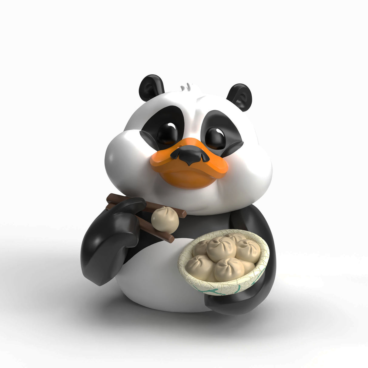 Front view of Po TUBBZ duck figure holding dumpling with chopsticks