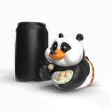 Po TUBBZ Kung Fu Panda First Edition collectible duck with dumplings next to size comparison can.