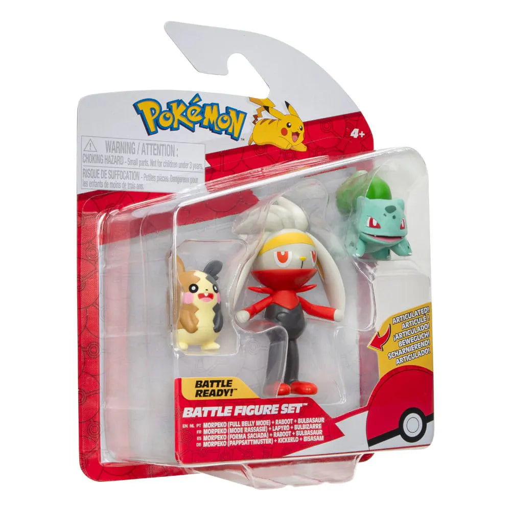 Side view of Pokémon Battle Figure Set packaging with Morpeko, Raboot, and Bulbasaur.
