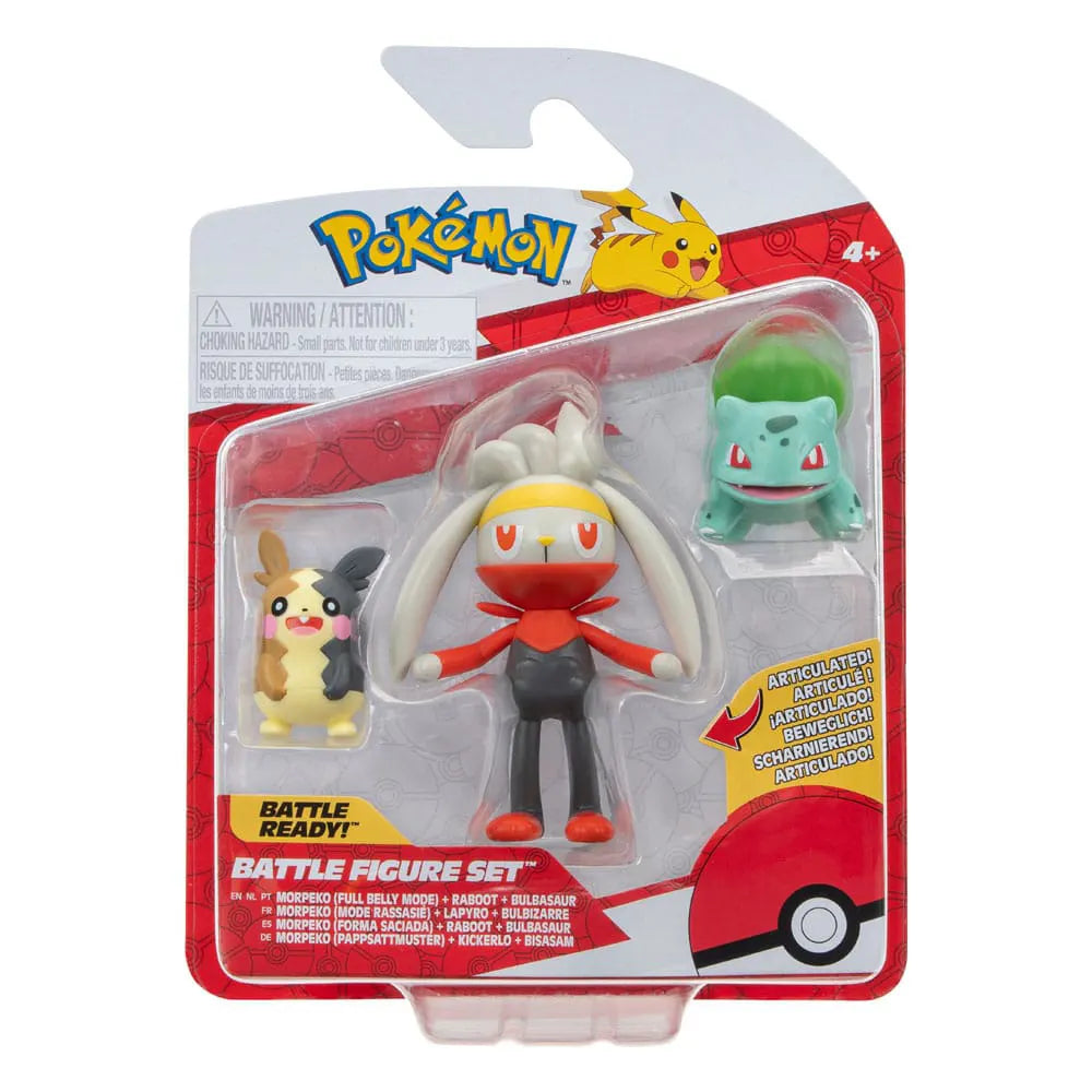 Pokémon Battle Figure Set blister packaging with Morpeko, Raboot, and Bulbasaur.
