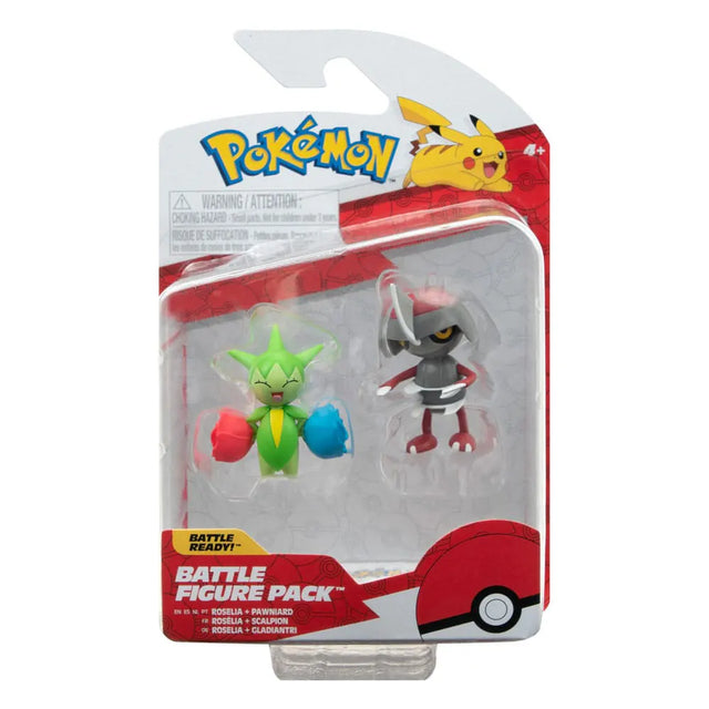 Pokémon Battle Figure Pack featuring Pawniard and Roselia collectible figures in blister packaging
