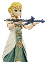Close-up of the Princess Zelda action figure holding the decayed Master Sword with detailed facial sculpt.