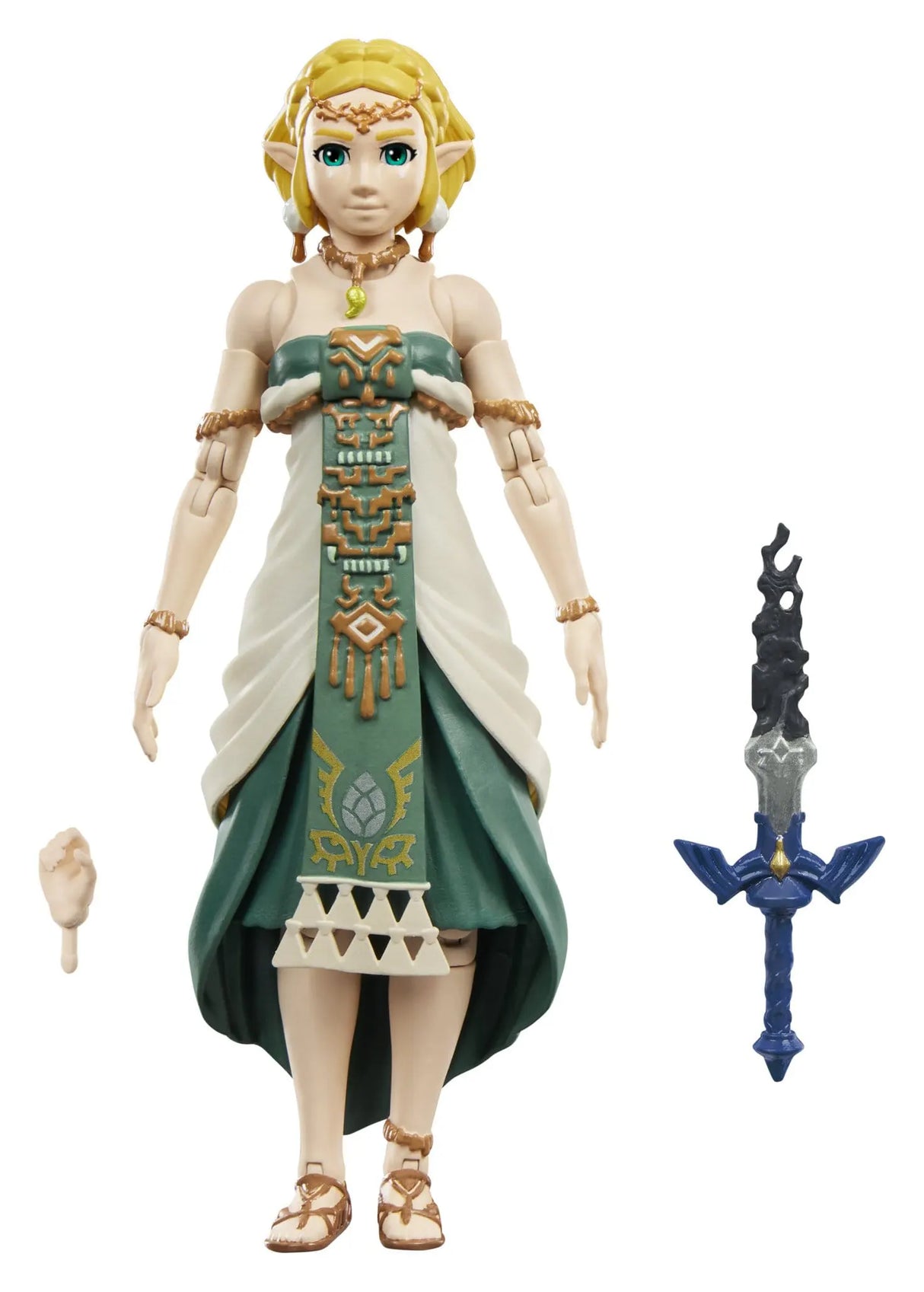 Princess Zelda Heroes of Hyrule action figure with interchangeable hand and decayed Master Sword accessory.