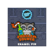 problem solver enamel pin raccoon holding bottle and lighter cartoon design
