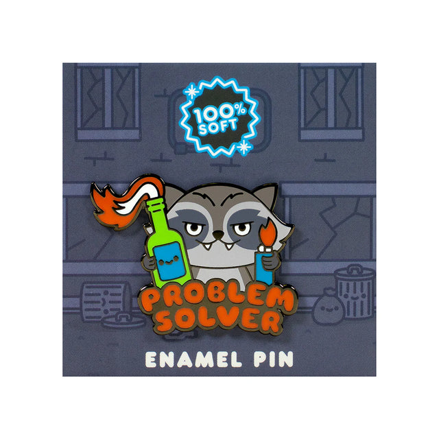 problem solver enamel pin raccoon holding bottle and lighter cartoon design