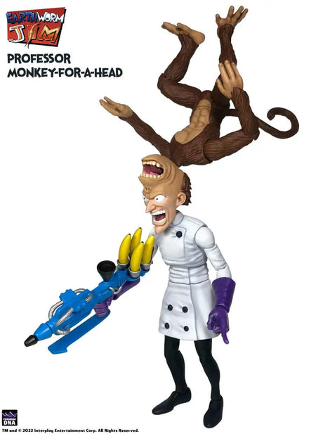 Full view of Earthworm Jim’s Professor Monkey-For-A-Head action figure with all accessories