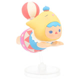 Circus-style Pucky Flying Baby with yellow hat, balloon, and colorful costume.