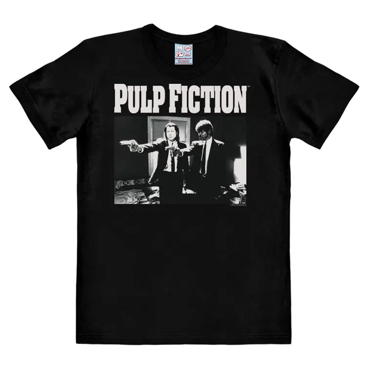 Pulp Fiction black T-shirt featuring Vincent Vega and Jules Winnfield with the movie logo in bold white text.