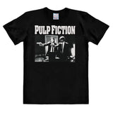 Pulp Fiction black T-shirt featuring Vincent Vega and Jules Winnfield with the movie logo in bold white text.