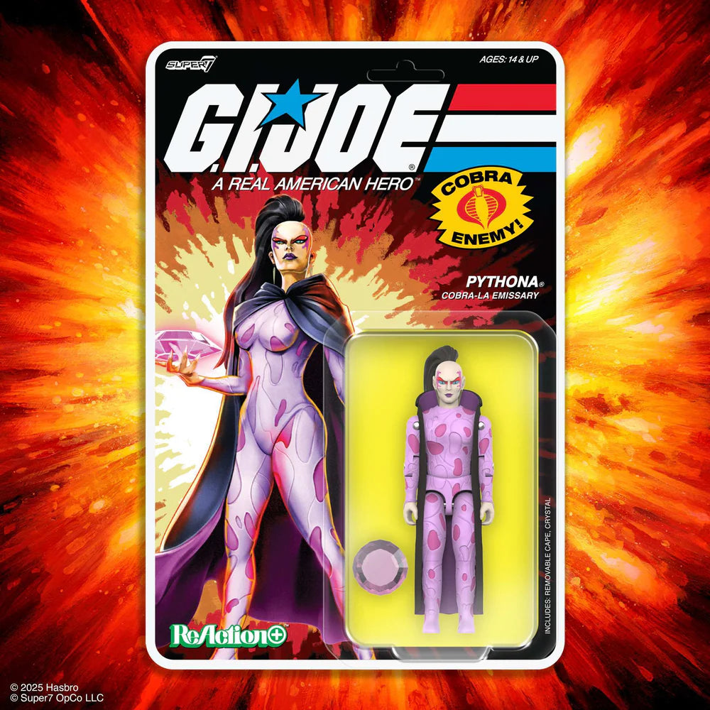Pythona GI Joe ReAction+ packaging displayed with explosive background