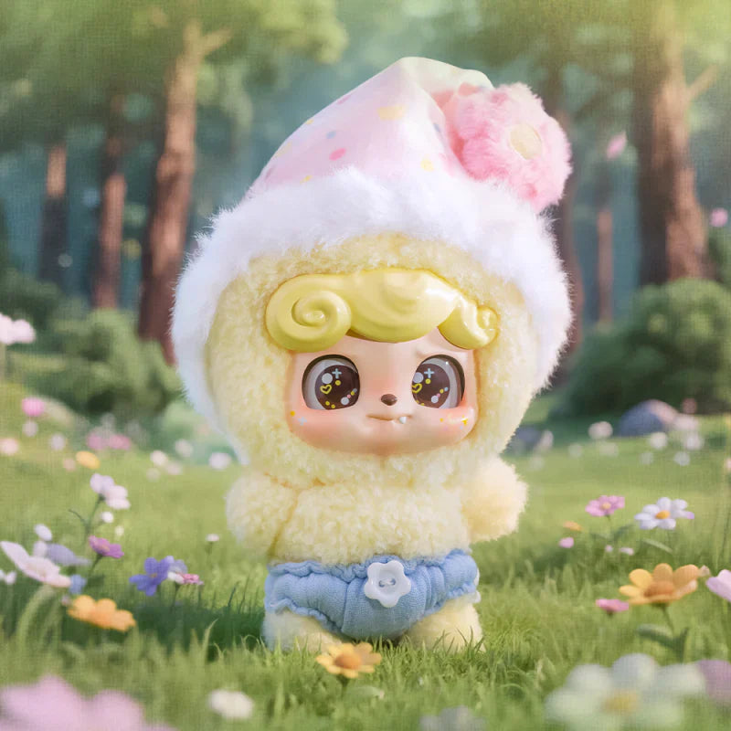 Q.Kid Fairy Tales plush character in yellow lamb outfit with blue shorts