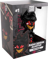 Radio Demon Alastor Youtooz vinyl figure inside Hazbin Hotel-themed window display box.