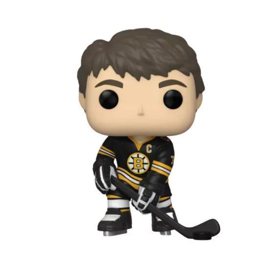 Close-up of Funko Pop! Ray Bourque holding hockey stick in Boston Bruins colors.