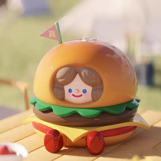 RiCo Happy Picnic Together Series blind box mascot character inside a burger-shaped vehicle