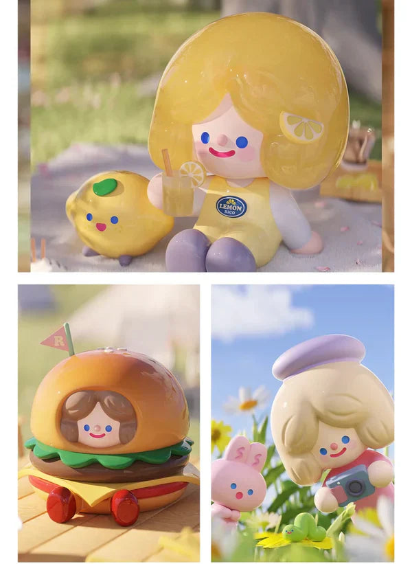 RiCo blind box figures featuring lemonade picnic, burger mascot, and outdoor photography themes