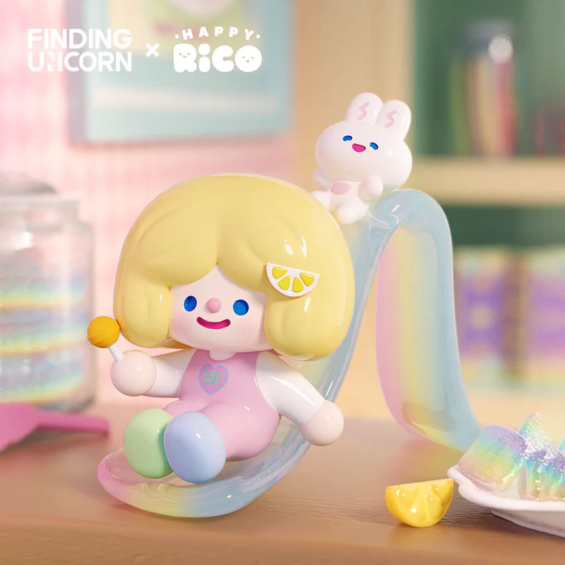 RiCO collectible figure sitting on a rainbow candy slide with bunny companion