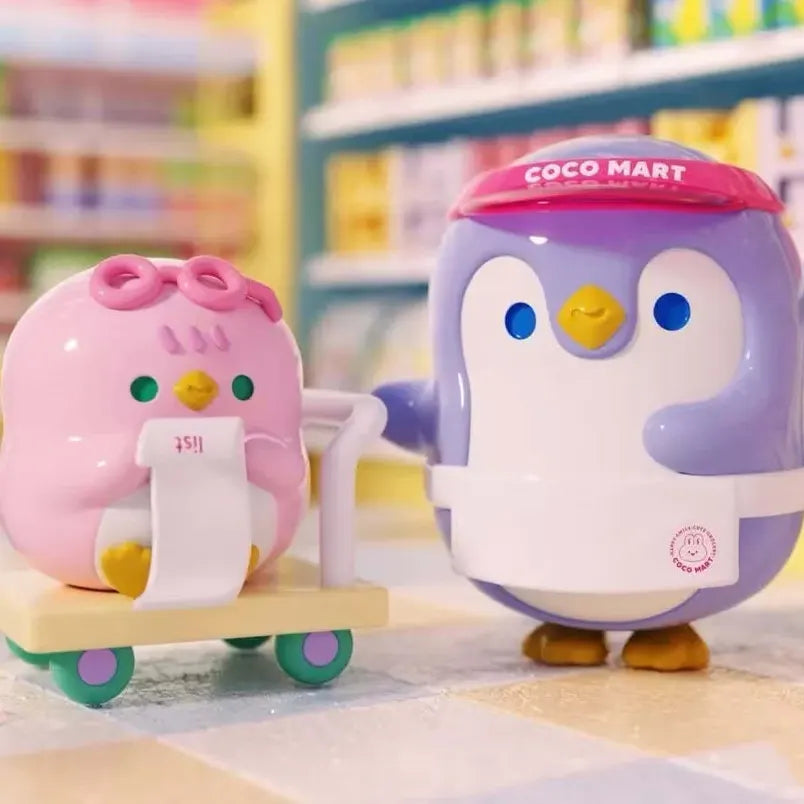 Staff Purple and Pinko Coco Mart employee figures with shopping cart and receipt
