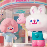 Mascot Workytokky and RiCO standing outside the Coco Mart supermarket entrance