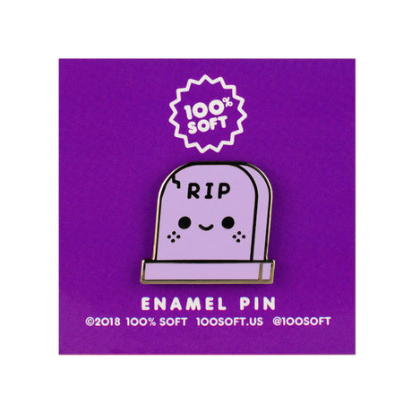 RIP enamel pin displayed on purple 100% Soft backing card with hard enamel finish
