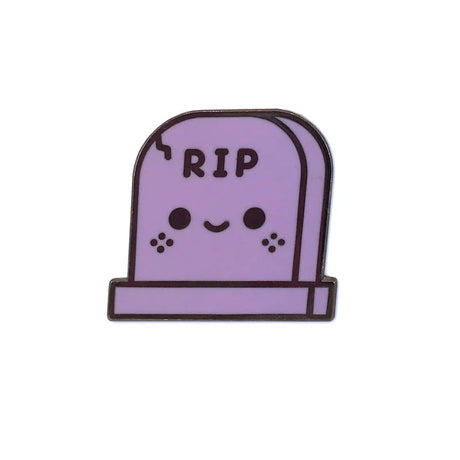 RIP enamel pin by 100% Soft featuring a cute purple tombstone with smiling face and black
