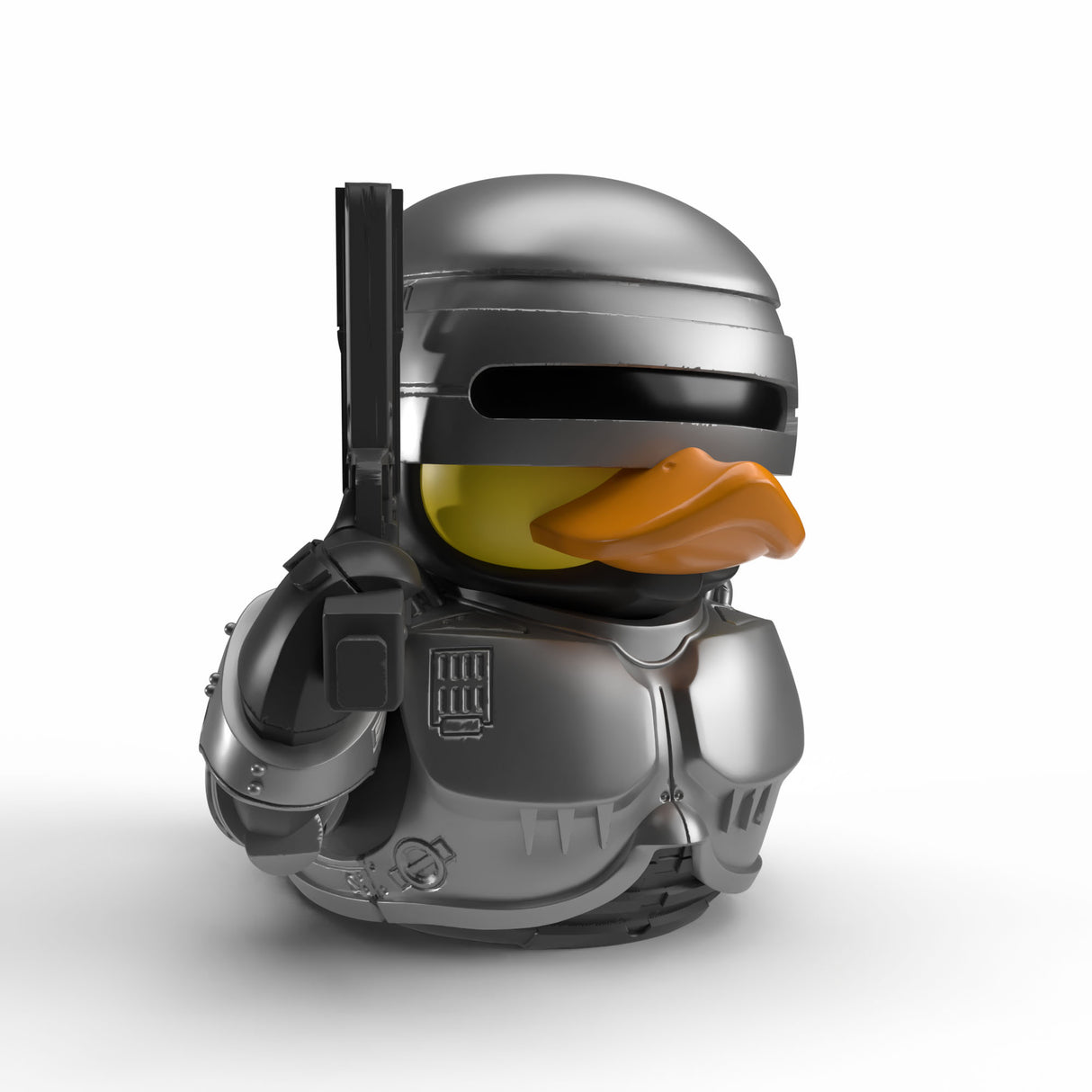 Robocop TUBBZ cosplaying duck figure standing with raised pistol and metallic armour.