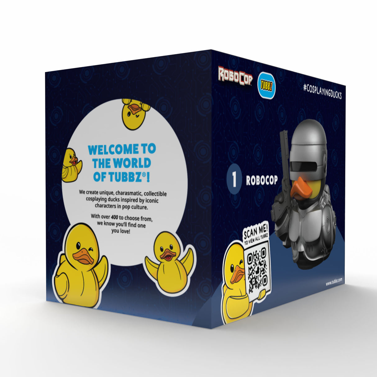 Back of Robocop TUBBZ Boxed Edition packaging with duck illustrations and product details.
