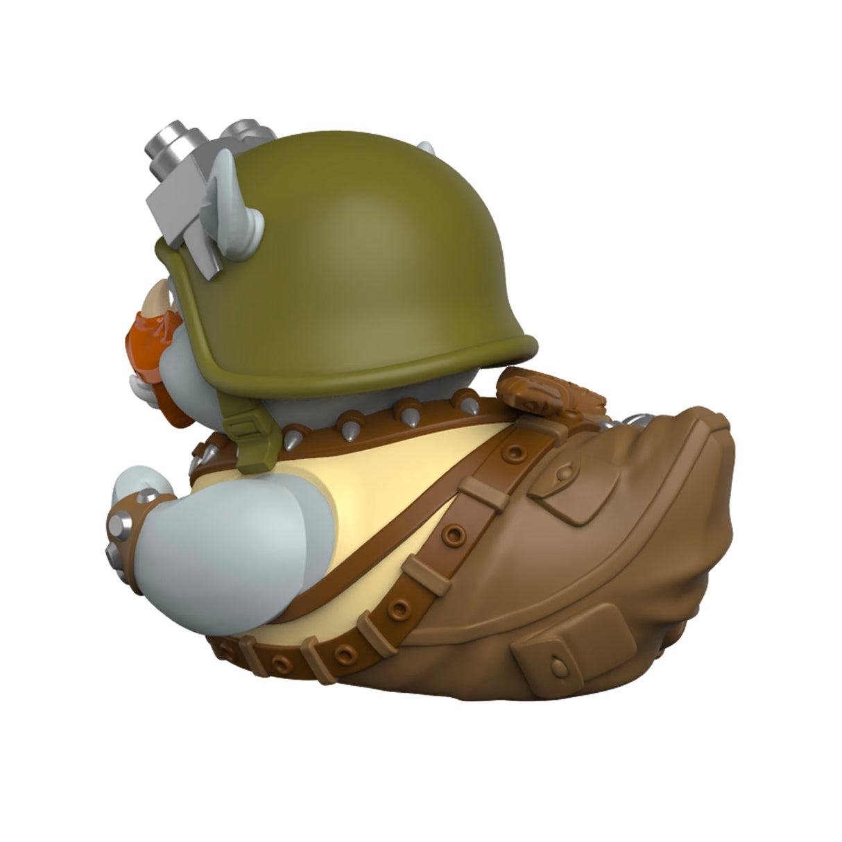 Side-back view of Rocksteady TUBBZ showing helmet and strapped gear