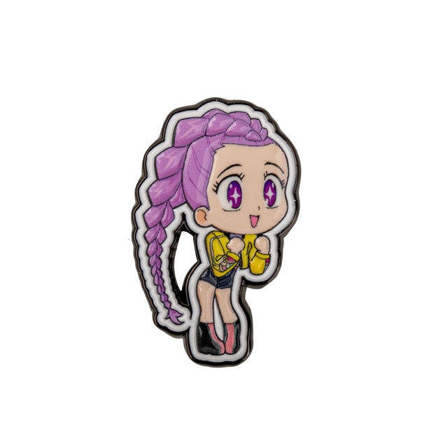 Rumi pin front view with chibi design and purple hair
