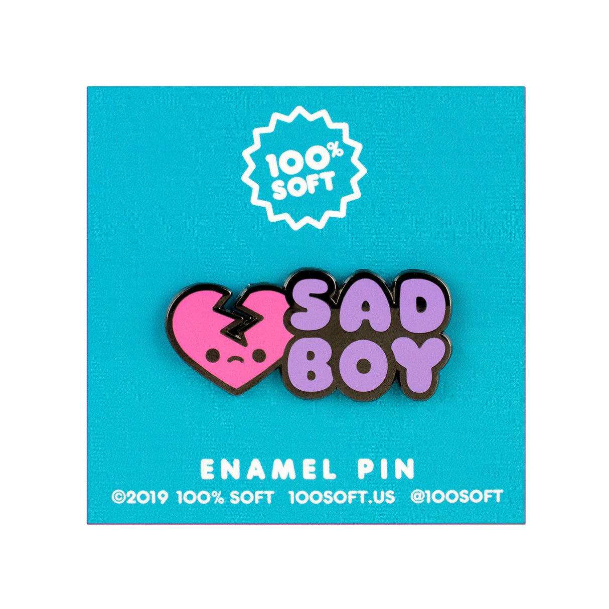 100% soft sad boy enamel pin on blue packaging card