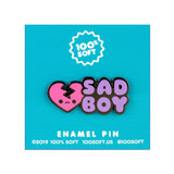 100% soft sad boy enamel pin on blue packaging card