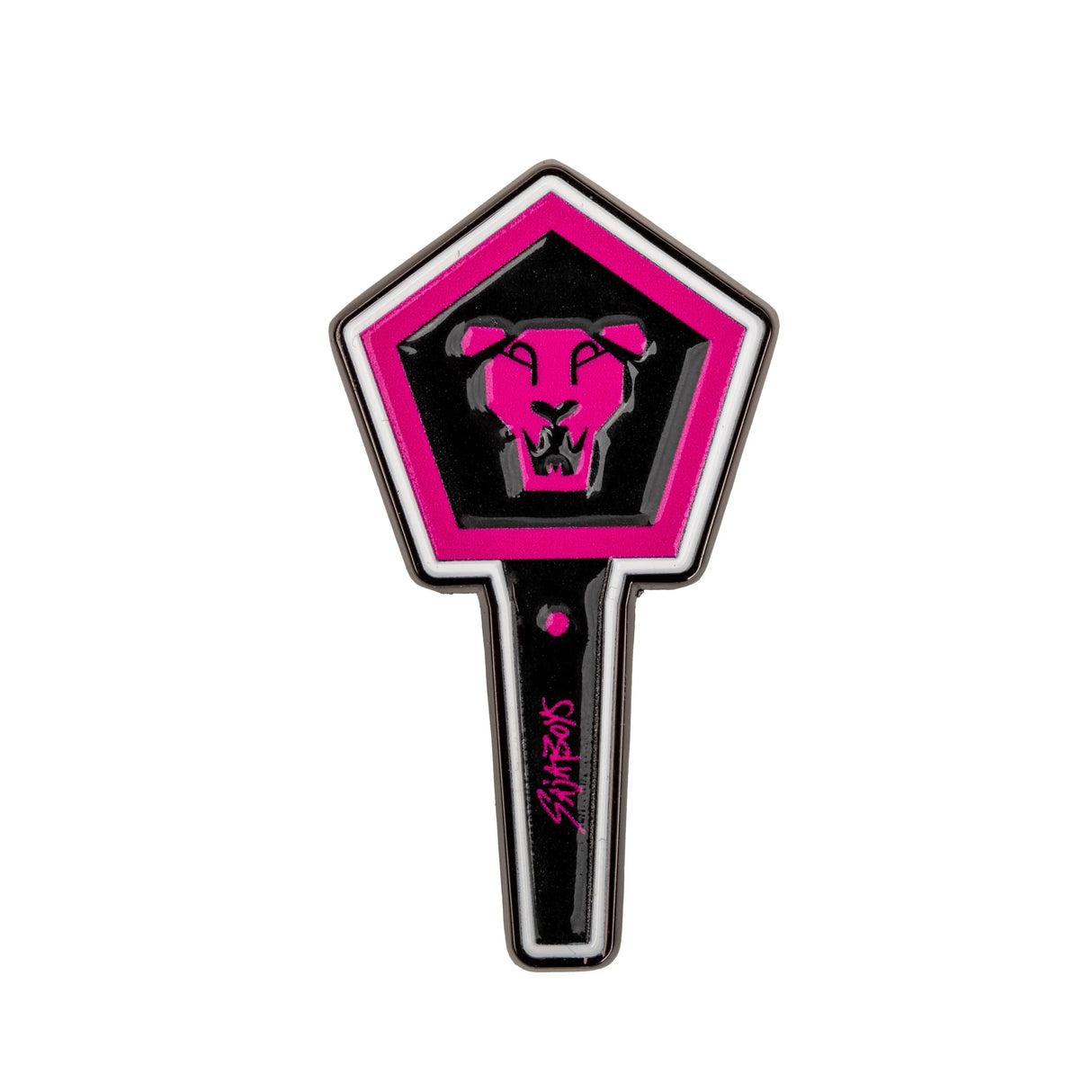 Saja Boys lightstick pin front view with pink and black design