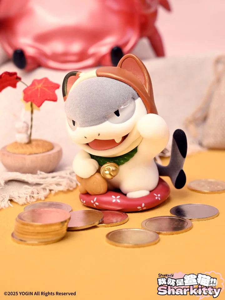 Lucky cat Sharkitty blindbox figure with coins and paw raised