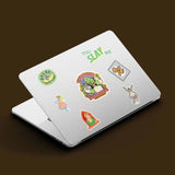 Laptop decorated with Shrek Tech Sticker Pack decals featuring Shrek, Donkey, Fiona, Gingy, and Far Far Away themed designs