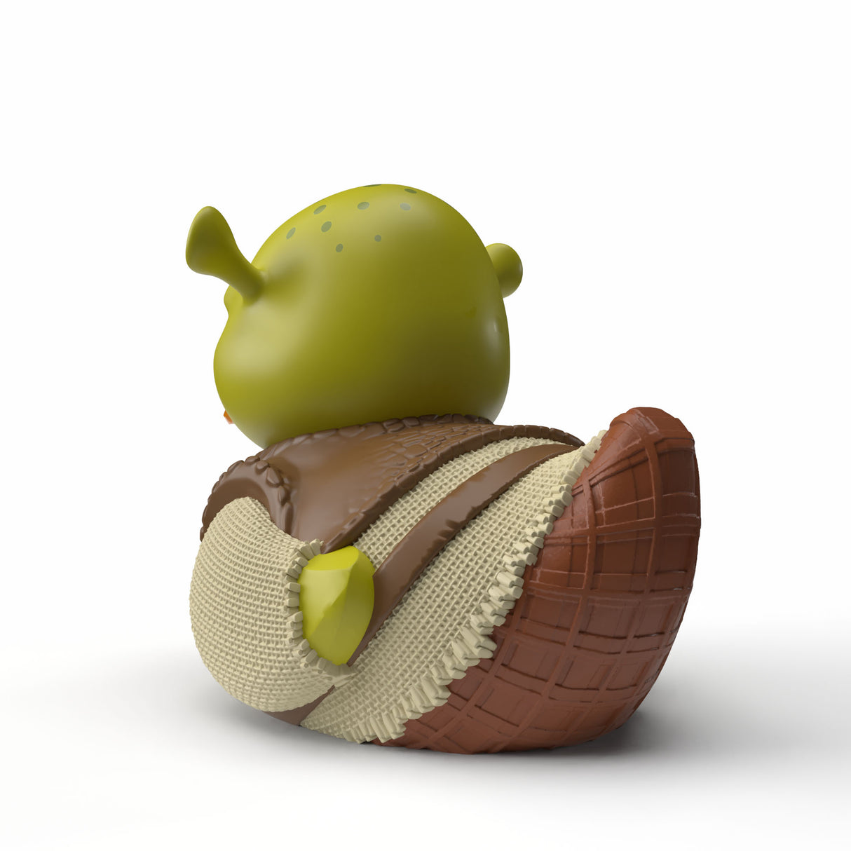 Back view of the Mini Shrek TUBBZ duck featuring textured vest and tail