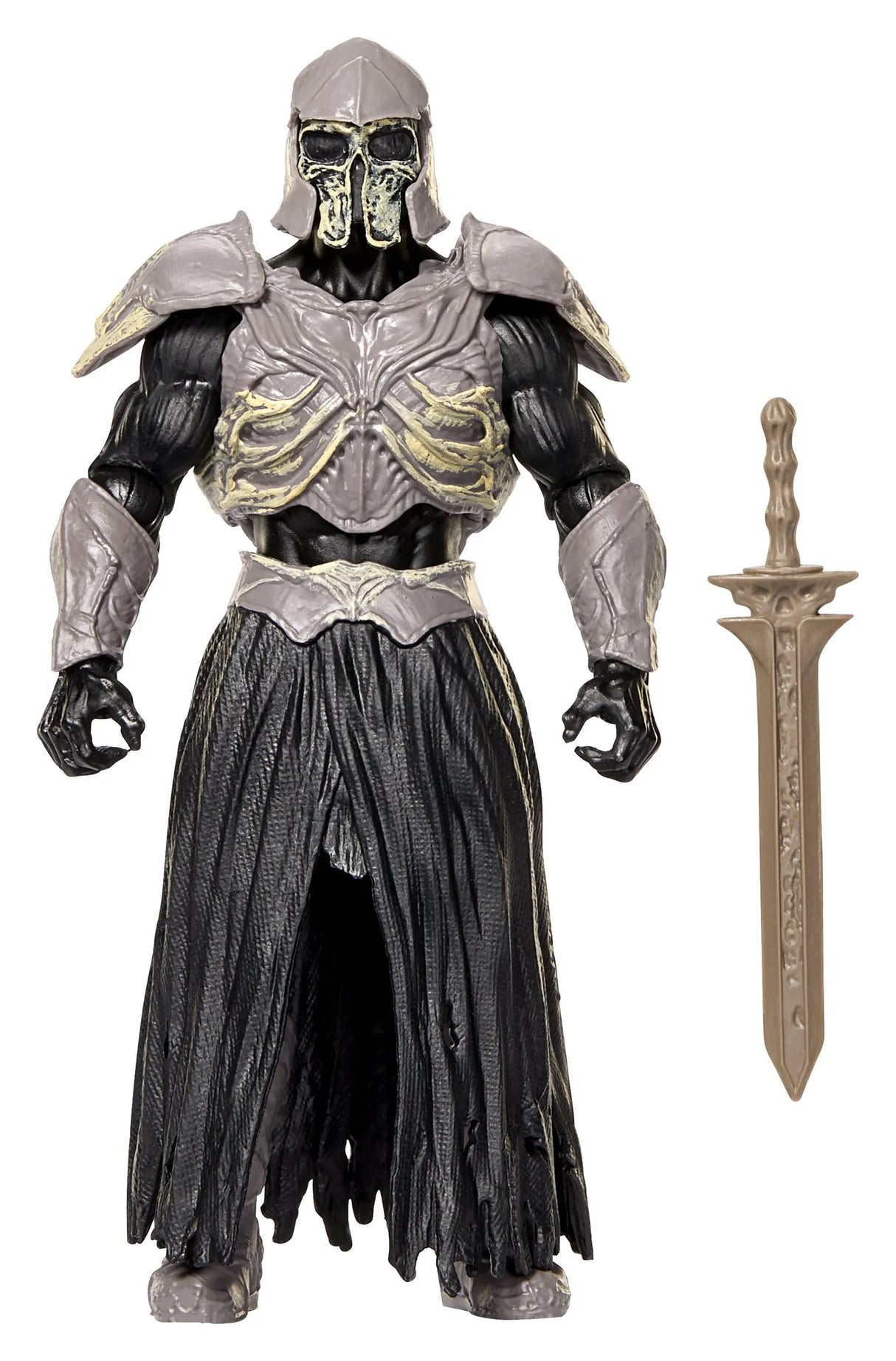 Front view of Skel-Knight action figure with sword accessory displayed beside figure