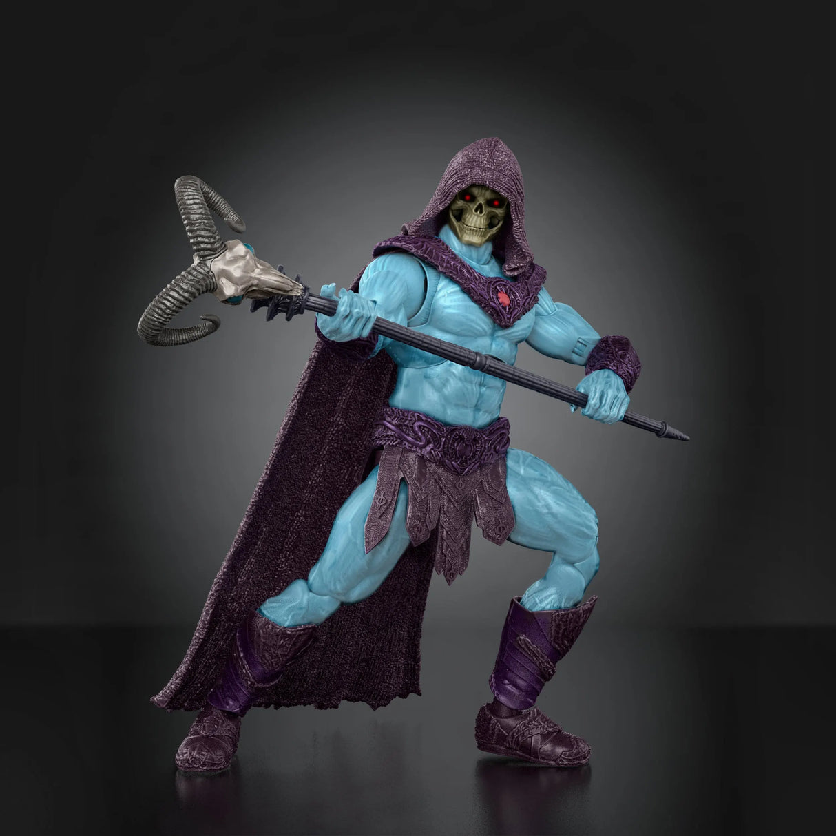Close-up of Skeletor movie action figure featuring detailed armor and villainous design