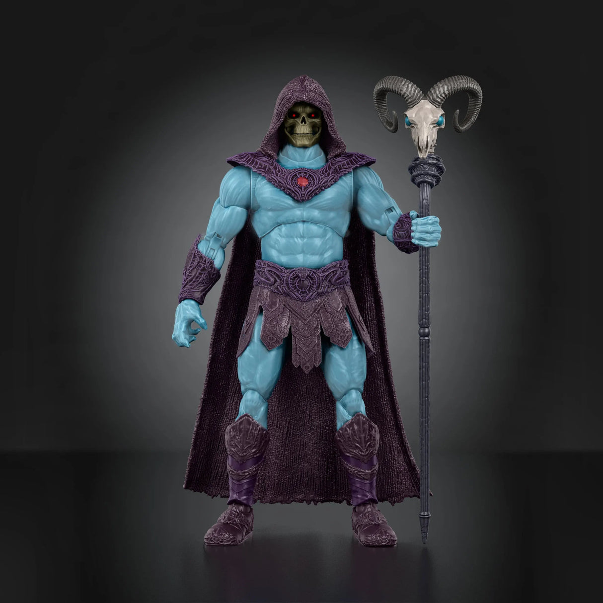 Skeletor Masters of the Universe villain figure posed for combat against the heroes of Eternia