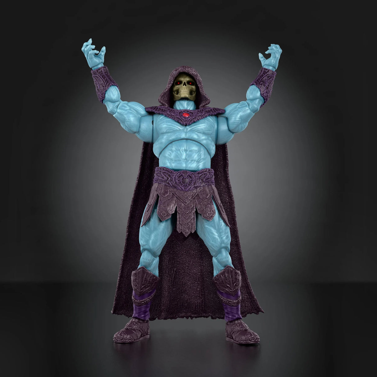 Side profile of Skeletor action figure showcasing movie-accurate armor and sculpting