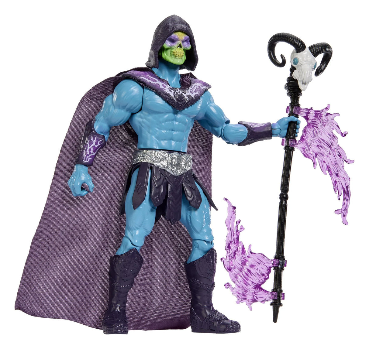 Skeletor movie action figure holding Havoc Staff with purple magical attack effects