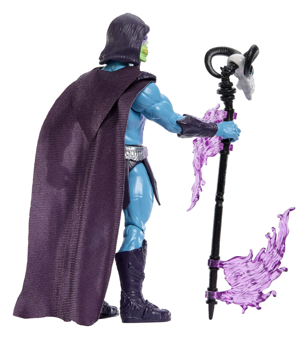 Rear view of Skeletor Havoc Staff Attack action figure showing cape and staff effects