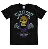 Black Masters of the Universe T-shirt featuring Skeletor with skull face, crossed staffs, and metallic logo text.