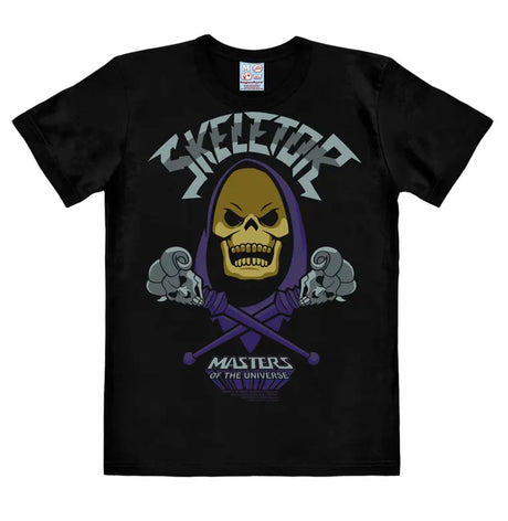 Black Masters of the Universe T-shirt featuring Skeletor with skull face, crossed staffs, and metallic logo text.