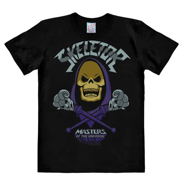 Black Masters of the Universe T-shirt featuring Skeletor with skull face, crossed staffs, and metallic logo text.